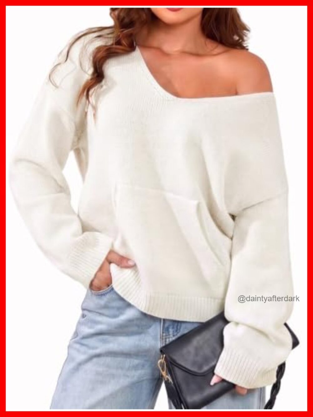 Women's Oversized Off The Shoulder V-Neck Knit Pullover Sweater with Kangaroo